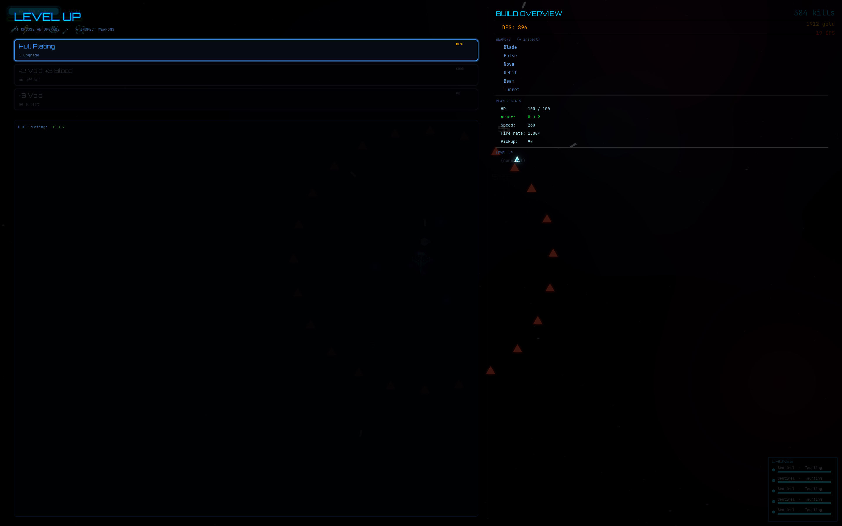 Level-up panel and build overview: weapons, DPS, and player stats